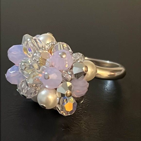 Vintage Swarovski Aura Borealis Crystal & Pearl Beaded Bow Ring - Picture 6 of 16